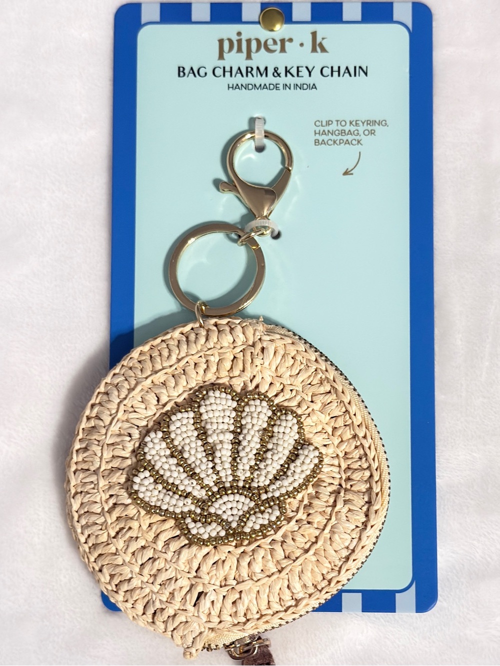 Piper K Natural Straw Shell Coin Purse Keychain